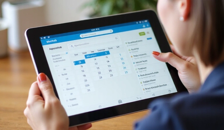 Frau bucht Termin online auf Tablet