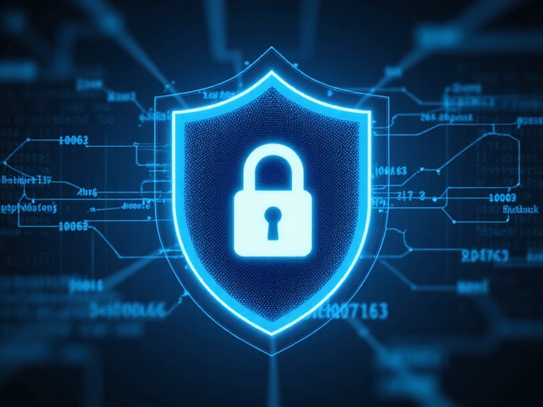 Symbolbild für Datensicherheit mit einem Schild und einem Vorhängeschloss vor einem digitalen Hintergrund