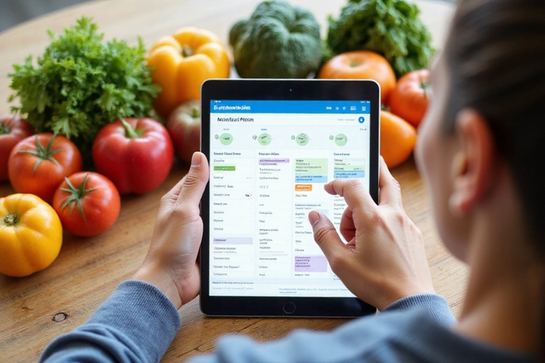 Eine Person betrachtet einen Ernährungsplan auf einem Tablet mit frischem Obst und Gemüse im Vordergrund.